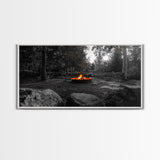 Forest Campfire, Glowing Flames, Outdoor Retreat, Cozy Autumn, Framed Canvas Print, Rustic Wall Decor, Fall Living Room Art, Nature Scene