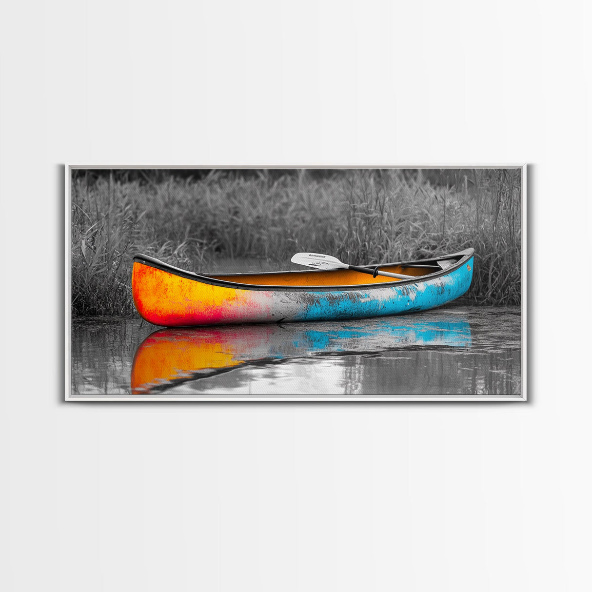 Painted Canoe, River Reflections, Nature Boating, Color Pop Art, Canvas Print, Lakeside Wall Decor, Adventure Theme, Rustic Office Art