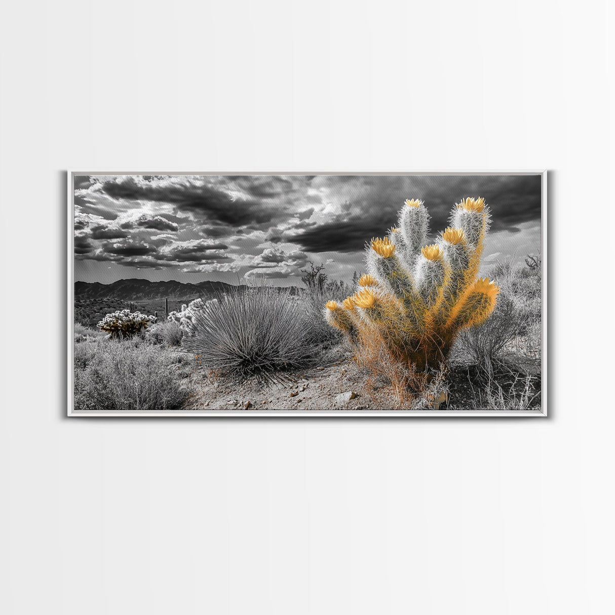 Golden Bloom Cactus, Desert Storm Landscape, Framed Canvas Print, Rustic Decor, Boho Western Art, Entryway Wall Art, Autumn Style