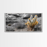 Golden Bloom Cactus, Desert Storm Landscape, Framed Canvas Print, Rustic Decor, Boho Western Art, Entryway Wall Art, Autumn Style