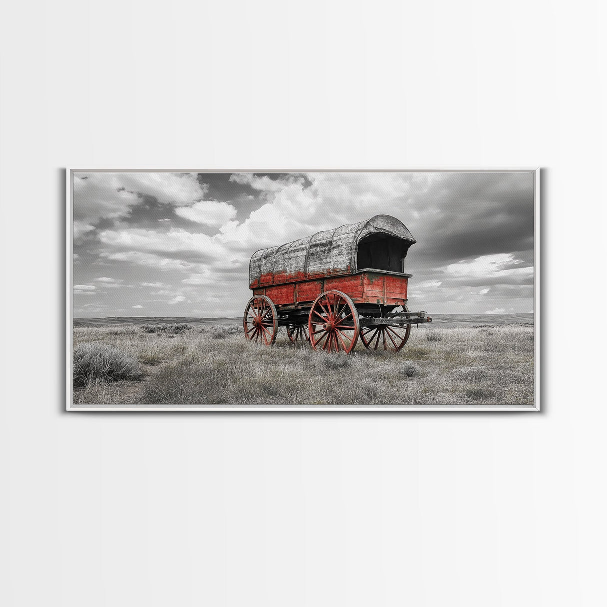Prairie Red Wagon, Old West Scene, Framed Canvas Print, Rustic Wall Decor, Western Style Art, Living Room Accent, Cowboy Nostalgia