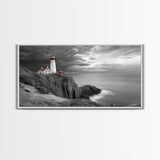 Lighthouse Ocean Storm, Coastal Cliff Light, Framed Canvas Print, Nautical Wall Art, Beach House Decor, Dramatic Sky Scene, Office Art