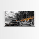 Autumn Coastline, Orange Forest Edge, Framed Canvas Print, Coastal Nature Art, Fall Wall Decor, Rustic Living Room Style, Moody Sky