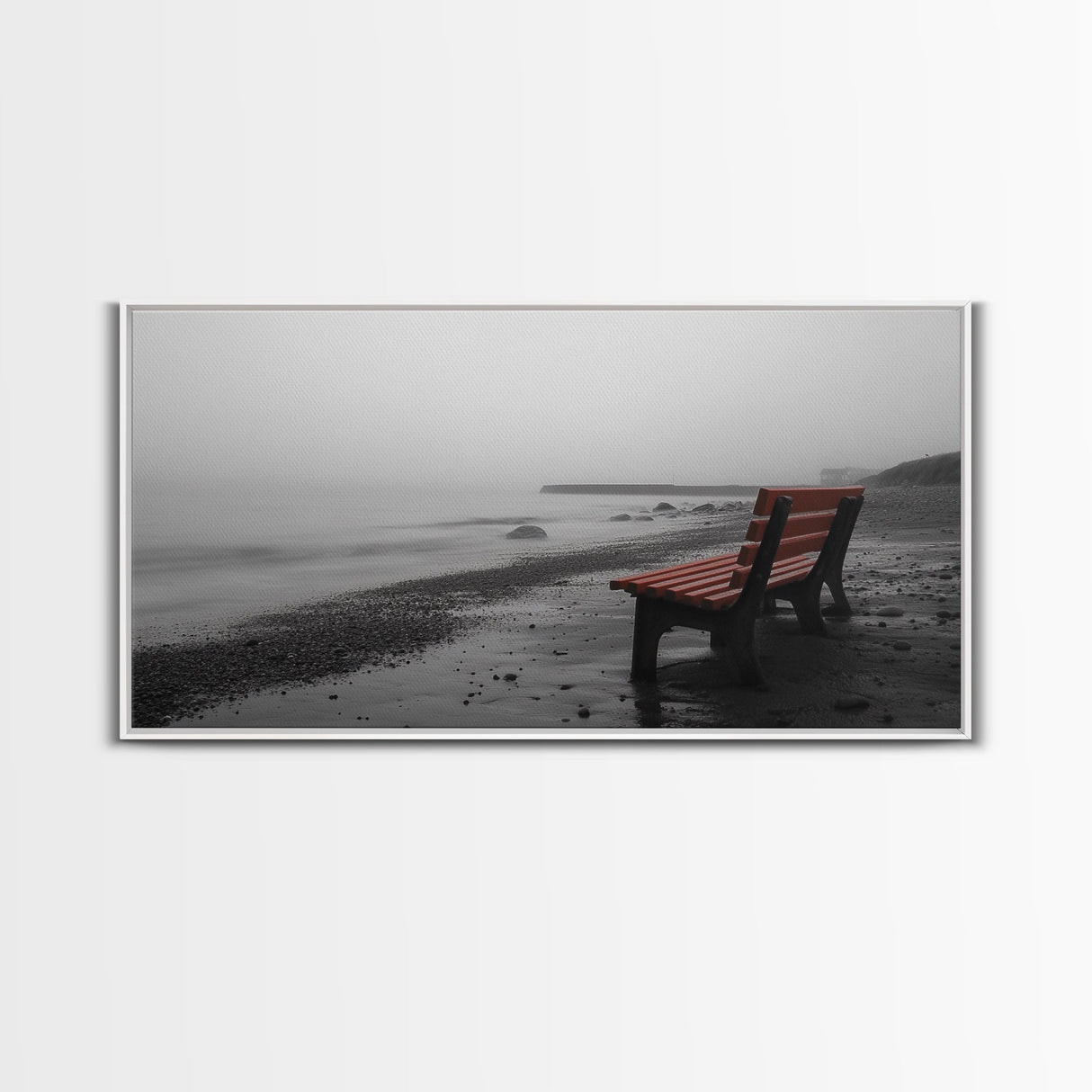 Red Bench Fog, Moody Coastal Morning, Framed Canvas Print, Minimalist Beach Wall Art, Modern Entryway Decor, Black and White Vibes