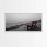 Red Bench Fog, Moody Coastal Morning, Framed Canvas Print, Minimalist Beach Wall Art, Modern Entryway Decor, Black and White Vibes