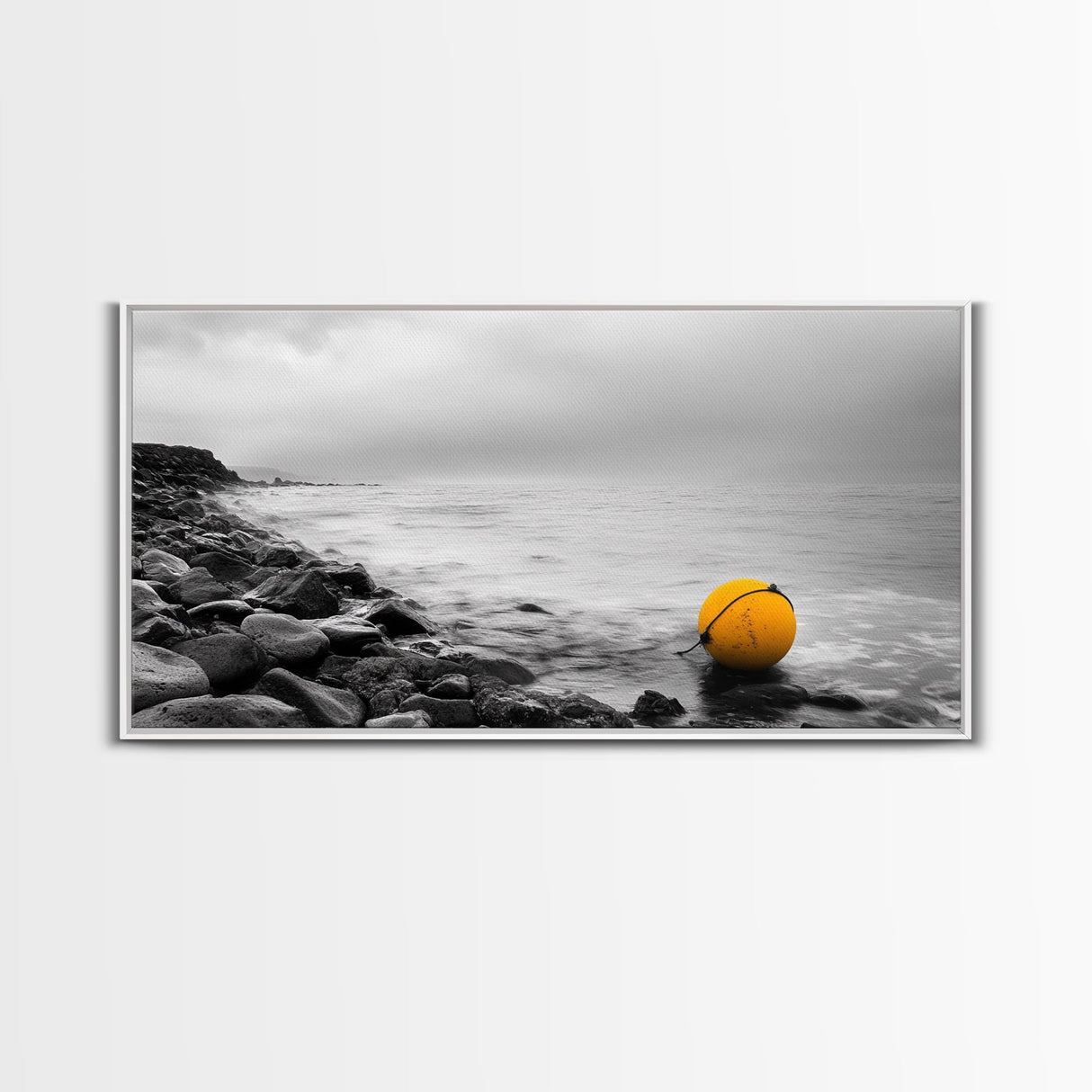 Yellow Buoy, Ocean Minimalism, Coastal Calm, Seaside Solitude, Canvas Print beach house wall decor, black and white modern art