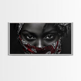 Fierce Eyes, Red Bandana, Bold Portrait, Afro Art, Framed Canvas Print, Bedroom Wall Art, Powerful Gaze, Monochrome With Red Accent