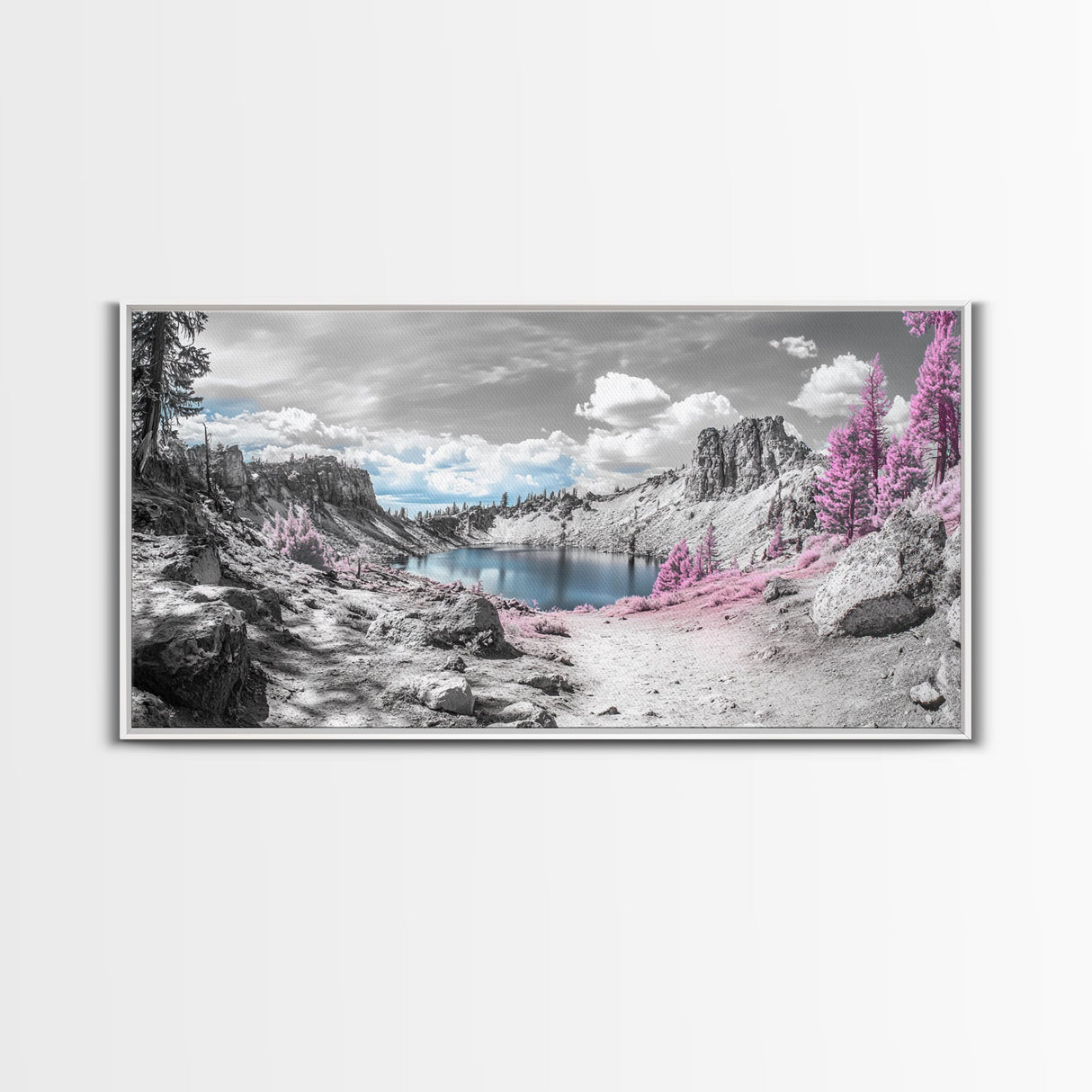 Surreal Landscape, Pink Trees, Mountain Lake, Framed Canvas Print, Fantasy Nature Art, Dreamy Decor, Bedroom Wall Art, Nature Surrealism