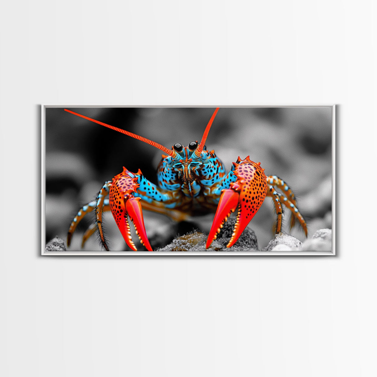 Vibrant Lobster, Red Blue, Sea Creature, Framed Canvas Print, Coastal Kitchen Wall Art, Ocean Wildlife, Nautical Bathroom Decor, Pop Art