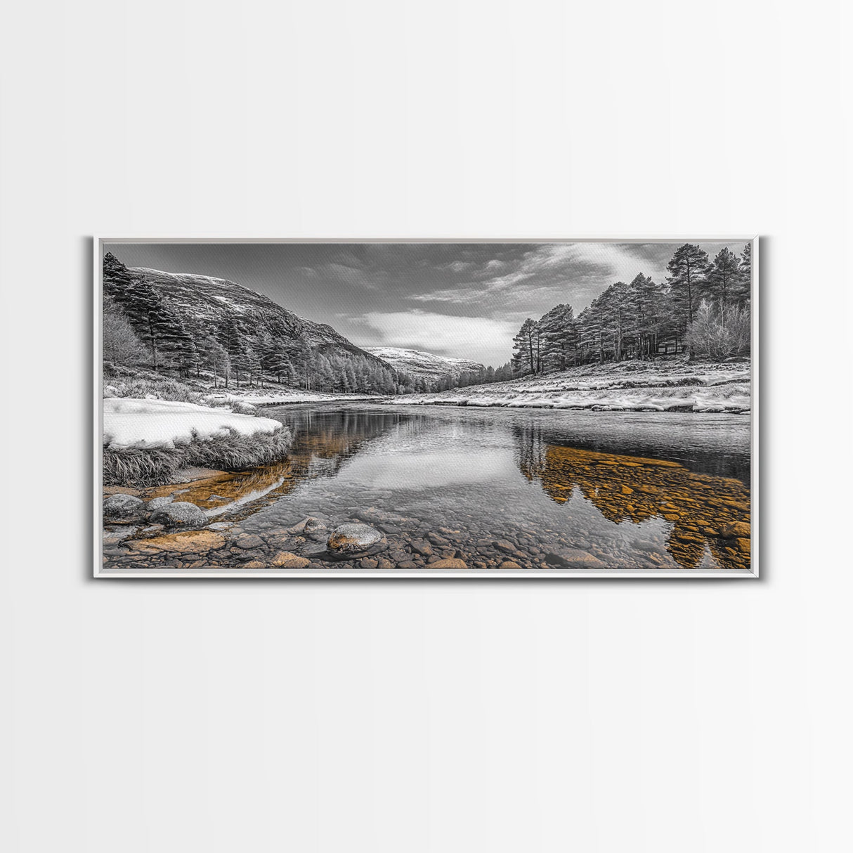 Snow River Scene, Winter Landscape, Peaceful Stream, Framed Canvas Print, Rustic Cabin Decor, Nature Wall Art, Minimalist Winter Aesthetic