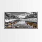 Snow River Scene, Winter Landscape, Peaceful Stream, Framed Canvas Print, Rustic Cabin Decor, Nature Wall Art, Minimalist Winter Aesthetic
