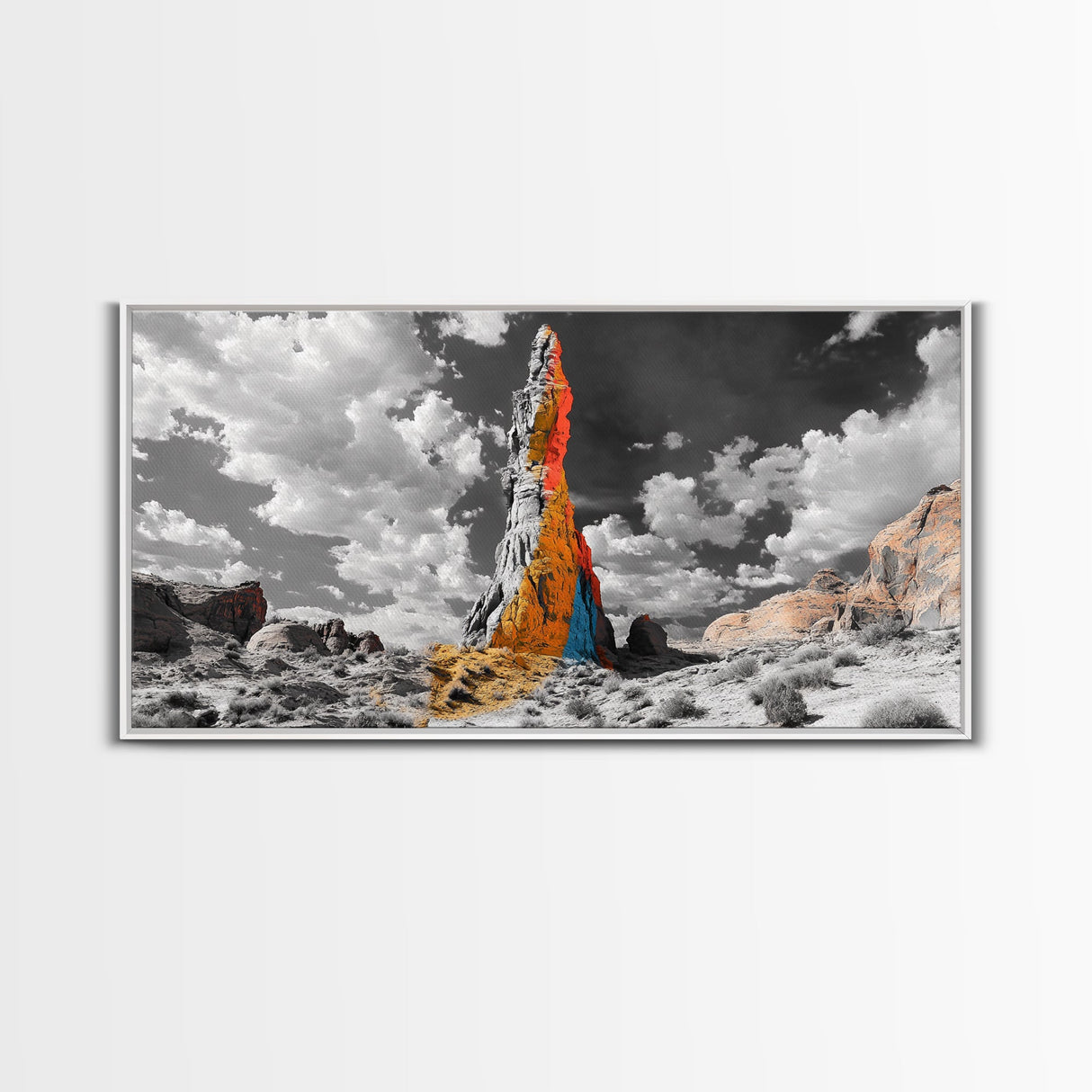 Color Rock Spire, Dramatic Sky, Desert Tower, Framed Canvas Print, Surreal Landscape Art, Southwest Decor, Living Room Adventure Vibe