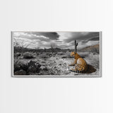 Cheetah Desert, Wild Cat, Monochrome Landscape, Framed Canvas Print, Safari Wall Art, Animal Lover Decor, Masculine Office Artwork