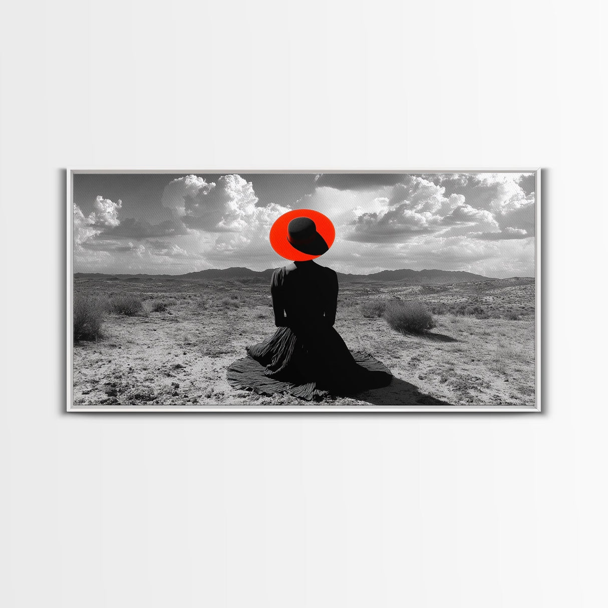 Red Hat Woman, Surreal Desert, Fashion Silhouette, Framed Canvas Print, Minimalist Wall Art, Bold Modern Decor, Bedroom Gallery Style