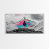 Rainbow Mountain, Vibrant Summit, Hiker Adventure, Canvas Print, Surreal Landscape Art, Wanderlust Wall Decor, Modern Office Artwork