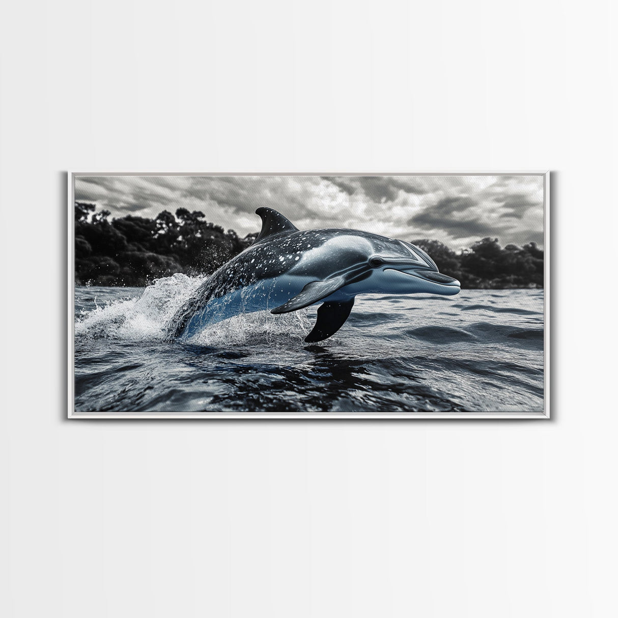 Jumping Dolphin, Ocean Splash, Monochrome Water, Framed Canvas Print, Coastal Wall Art, Bathroom Nautical Decor, Marine Life Photography