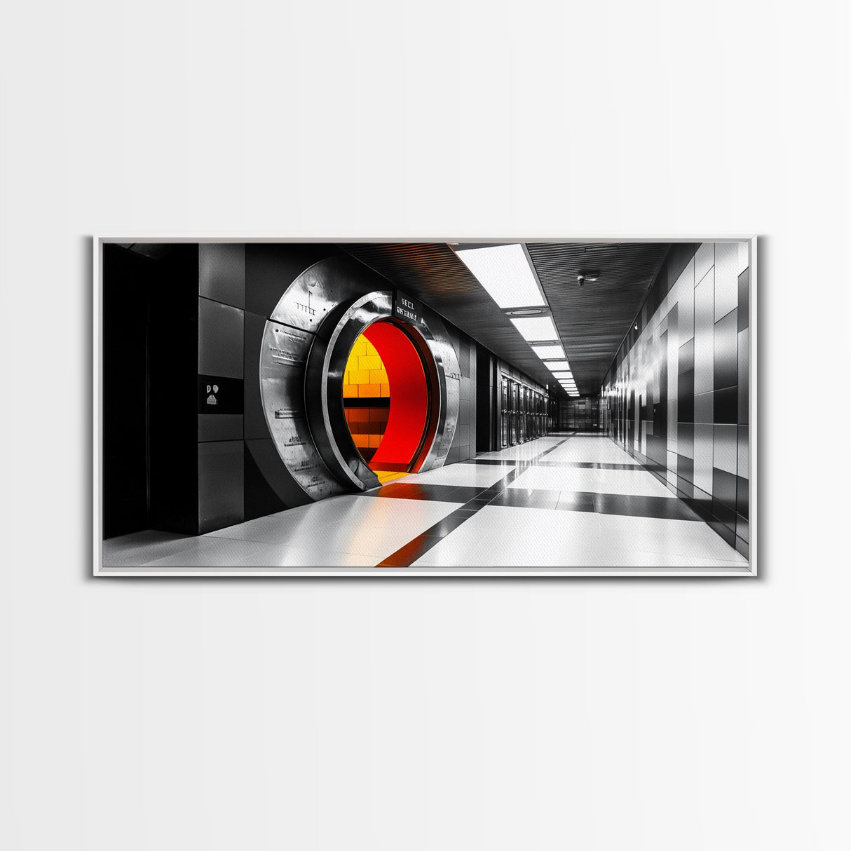 Vault Door, Futuristic Hallway, Urban Industrial Art, Sci Fi Decor, Framed Canvas Print, Office Wall Art, Red Orange Interior Glow