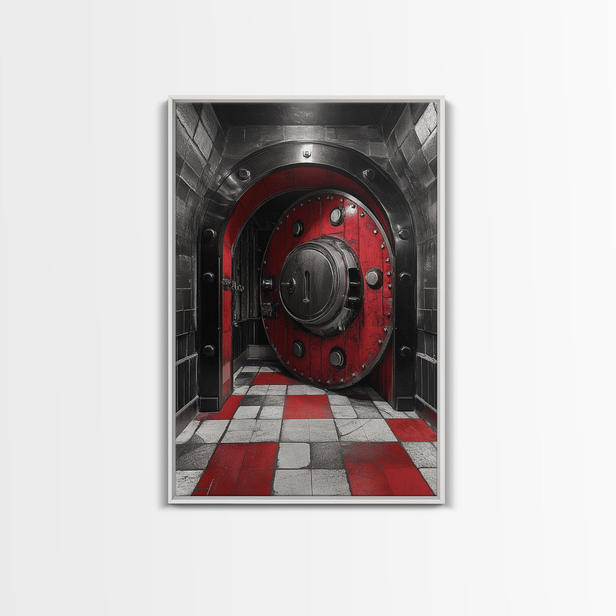 Red Vault Door, Industrial Style, Bold Security, Framed Canvas Print, Urban Interior Wall Art, Game Room Decor, Steampunk Vibes
