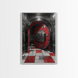 Red Vault Door, Industrial Style, Bold Security, Framed Canvas Print, Urban Interior Wall Art, Game Room Decor, Steampunk Vibes