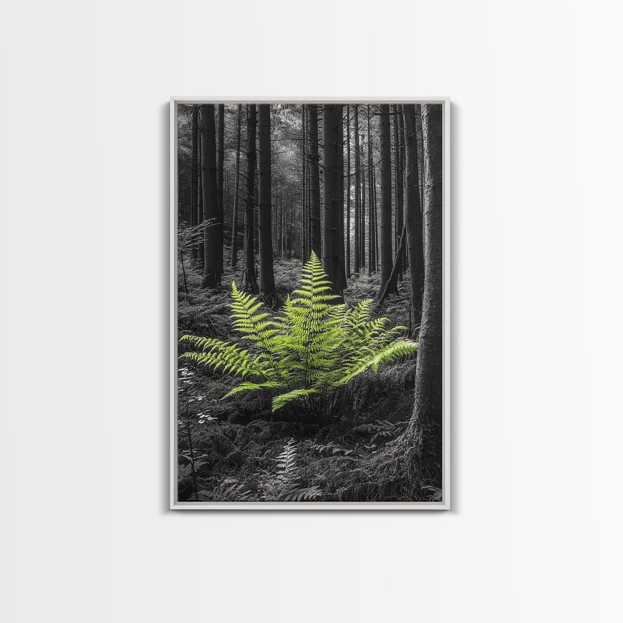 Green Fern, Forest Focus, Lush Nature, Woodland Light, Framed Canvas Print, Botanical Wall Art, Bedroom Decor, Minimalist Plant Art