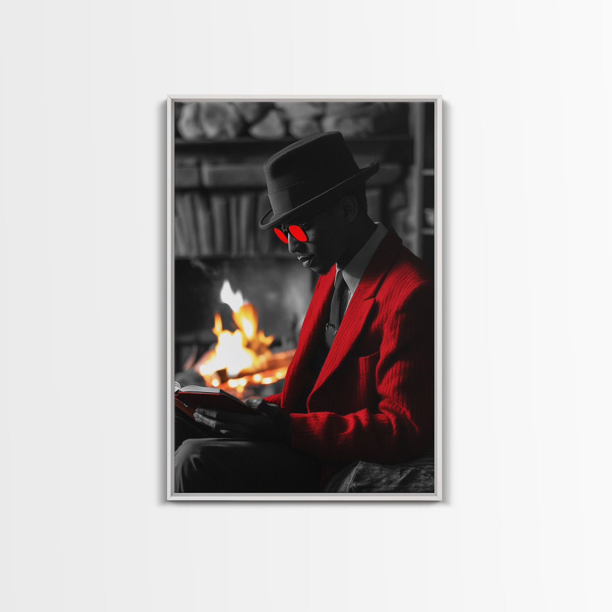 Red Jacket, Reading Firelight, Cozy Vibes, Stylish Man, Framed Canvas Print, Fall Wall Art, Office Decor, Modern Masculine Art