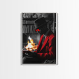 Red Jacket, Reading Firelight, Cozy Vibes, Stylish Man, Framed Canvas Print, Fall Wall Art, Office Decor, Modern Masculine Art