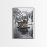 Winter Cabin, Floating House, Snowy Pines, Mountain Lake, Canvas Print, Minimalist Winter Wall Art, Cabin Decor, Neutral Nature Scene