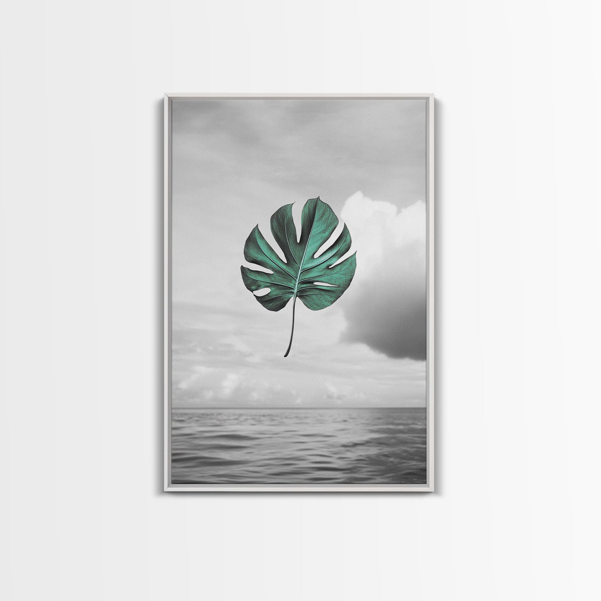 Monstera Leaf, Ocean Breeze, Tropical Minimalism, Floating Leaf, Framed Canvas Print, Modern Bathroom Art, Boho Decor, Tropical Wall Art