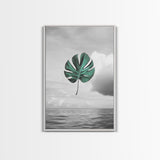 Monstera Leaf, Ocean Breeze, Tropical Minimalism, Floating Leaf, Framed Canvas Print, Modern Bathroom Art, Boho Decor, Tropical Wall Art
