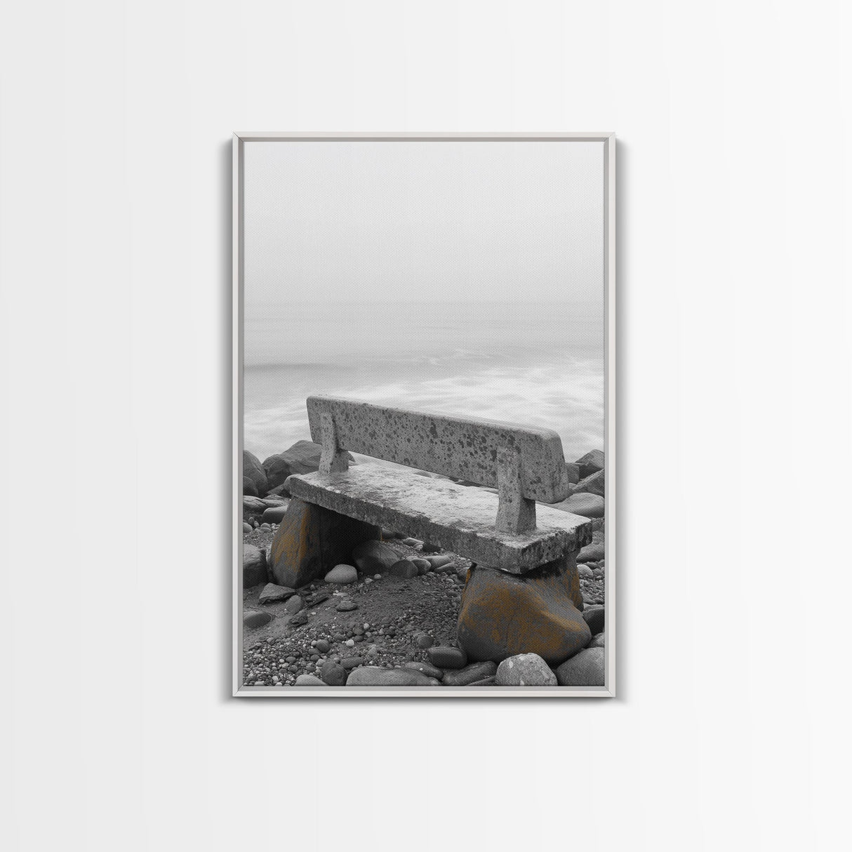 Seaside Bench, Rocky Shore, Ocean Fog, Coastal Calm, Framed Canvas Print, Minimalist Beach Art, Coastal Decor, Serene Ocean View