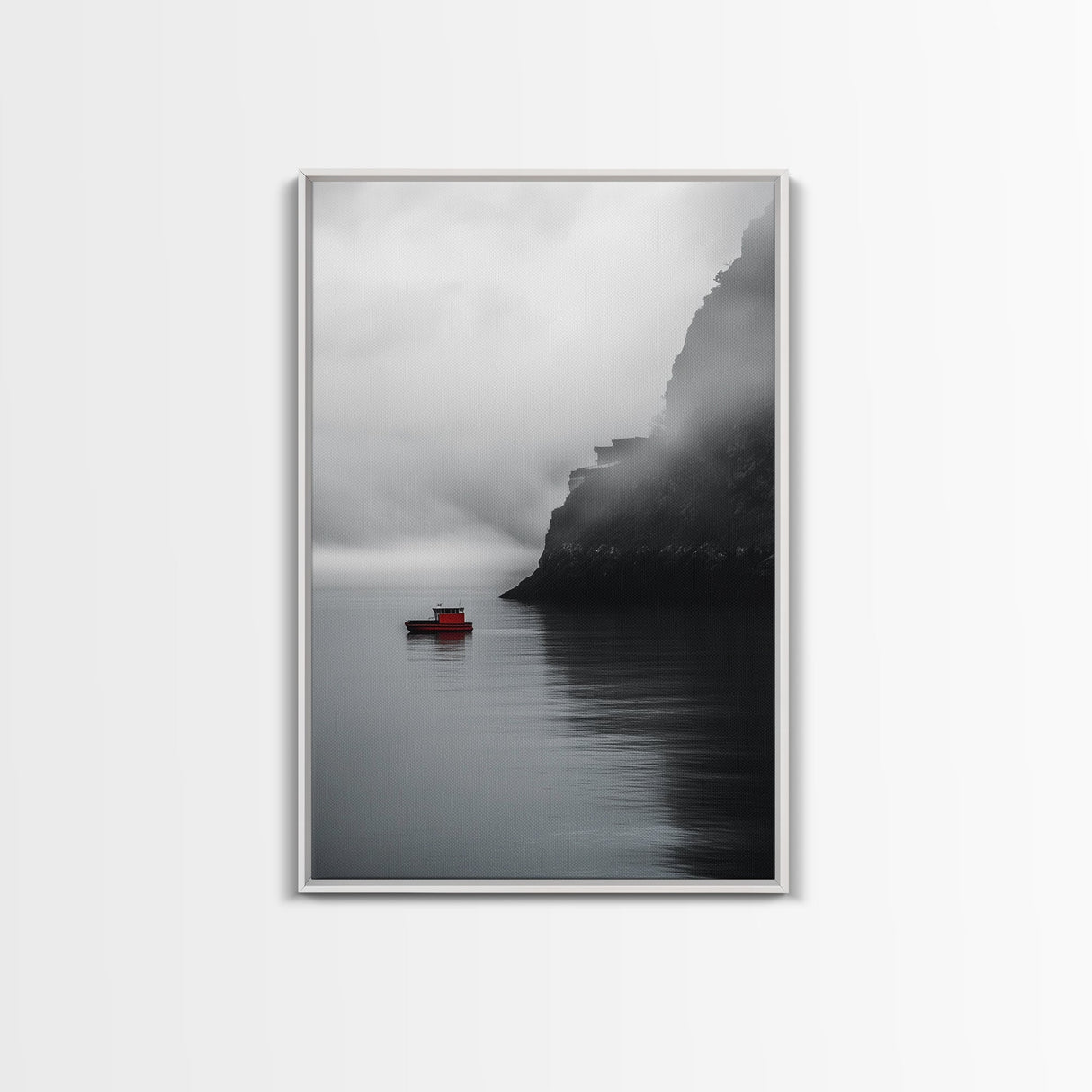 Red Boat, Foggy Coast, Seaside Cliff, Misty Water, Canvas Print, Moody Nautical Wall Art, Minimalist Ocean Decor, Scandinavian Style Art