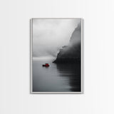 Red Boat, Foggy Coast, Seaside Cliff, Misty Water, Canvas Print, Moody Nautical Wall Art, Minimalist Ocean Decor, Scandinavian Style Art