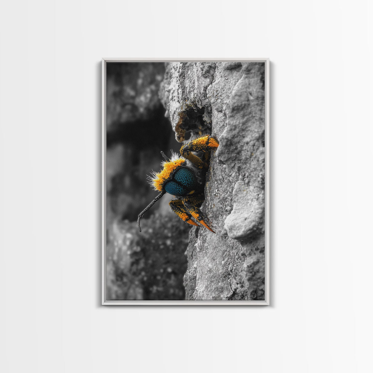 Fuzzy Bee Closeup, Insect Macro, Nature Texture, Framed Canvas Print, Wildlife Wall Art, Entomology Decor, Nature Photography