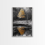 Golden Tree, Forest Reflection, Autumn Pond, Tranquil Waters, Canvas Print, Fall Nature Wall Art, Zen Bathroom Decor, Minimalist Art
