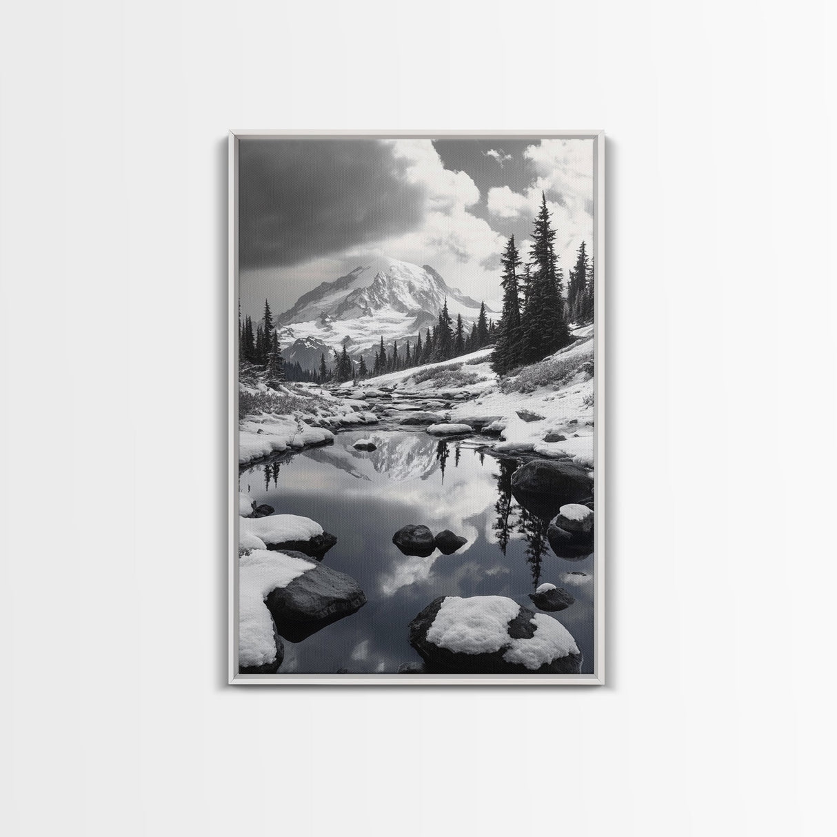 Snowy Mountain, Winter Landscape, Reflection Lake, Canvas Print, Black and White Nature Art, Cabin Wall Art, Adventure Photography