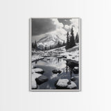 Snowy Mountain, Winter Landscape, Reflection Lake, Canvas Print, Black and White Nature Art, Cabin Wall Art, Adventure Photography