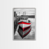 Red Fishing Boat, Harbor Calm, Nautical Charm, Canvas Print, Coastal Kitchen Wall Art, Maritime Theme, Seaside Decor, Rustic Water Scene