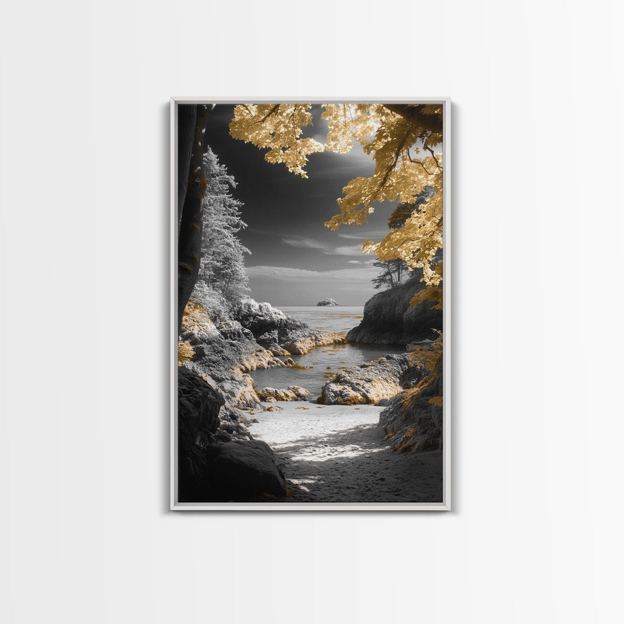 Yellow Trees, Autumn Beach, Ocean View, Framed Canvas Print, Nature Photography, Fall Landscape Wall Art, Coastal Living Room Decor