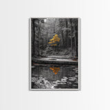 Lone Yellow Tree, Tranquil Pond, Forest Reflection, Canvas Print, Fall Nature Wall Art, Autumn Minimalist Decor, Peaceful Meditation Room