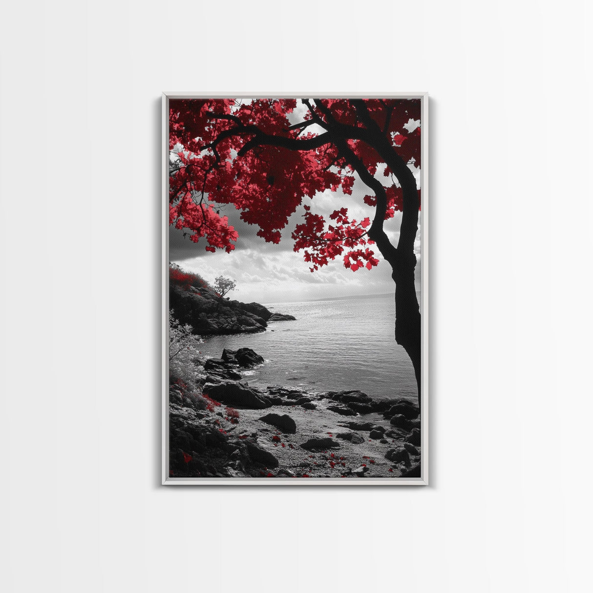 Red Leaves, Dramatic Coast, Ocean Horizon, Canvas Print, Autumn Coastal Wall Art, Bold Nature Photography, Moody Fall Decor, Beach Theme