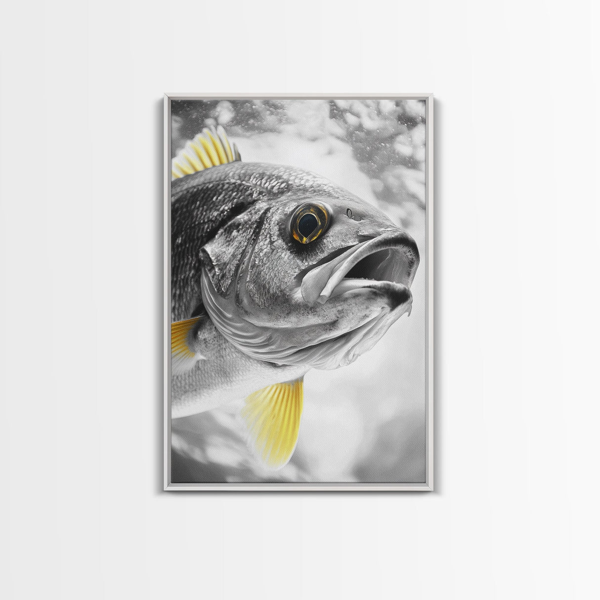 Golden Finned Fish, Underwater Wonder, Ocean Art, Framed Canvas Print, Coastal Wall Art, Bathroom Decor, Minimalist Marine Art