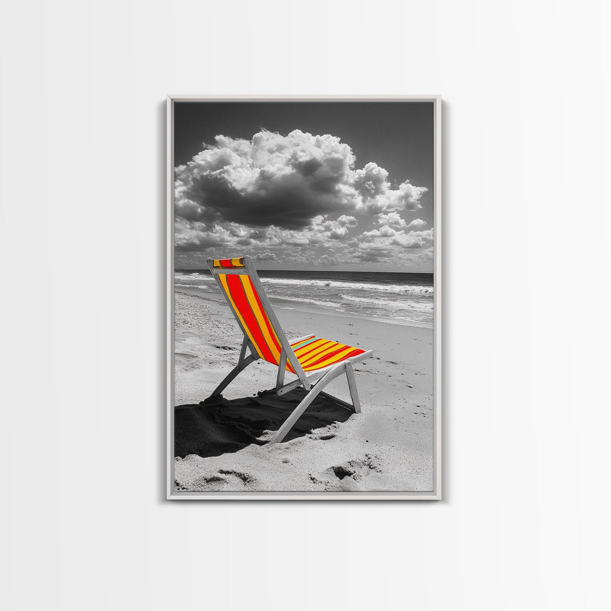 Beach Chair Alone, Tropical Vibes, Color Pop Seaside, Framed Canvas Print, Coastal Wall Art, Summer Decor, Relaxation Room Art