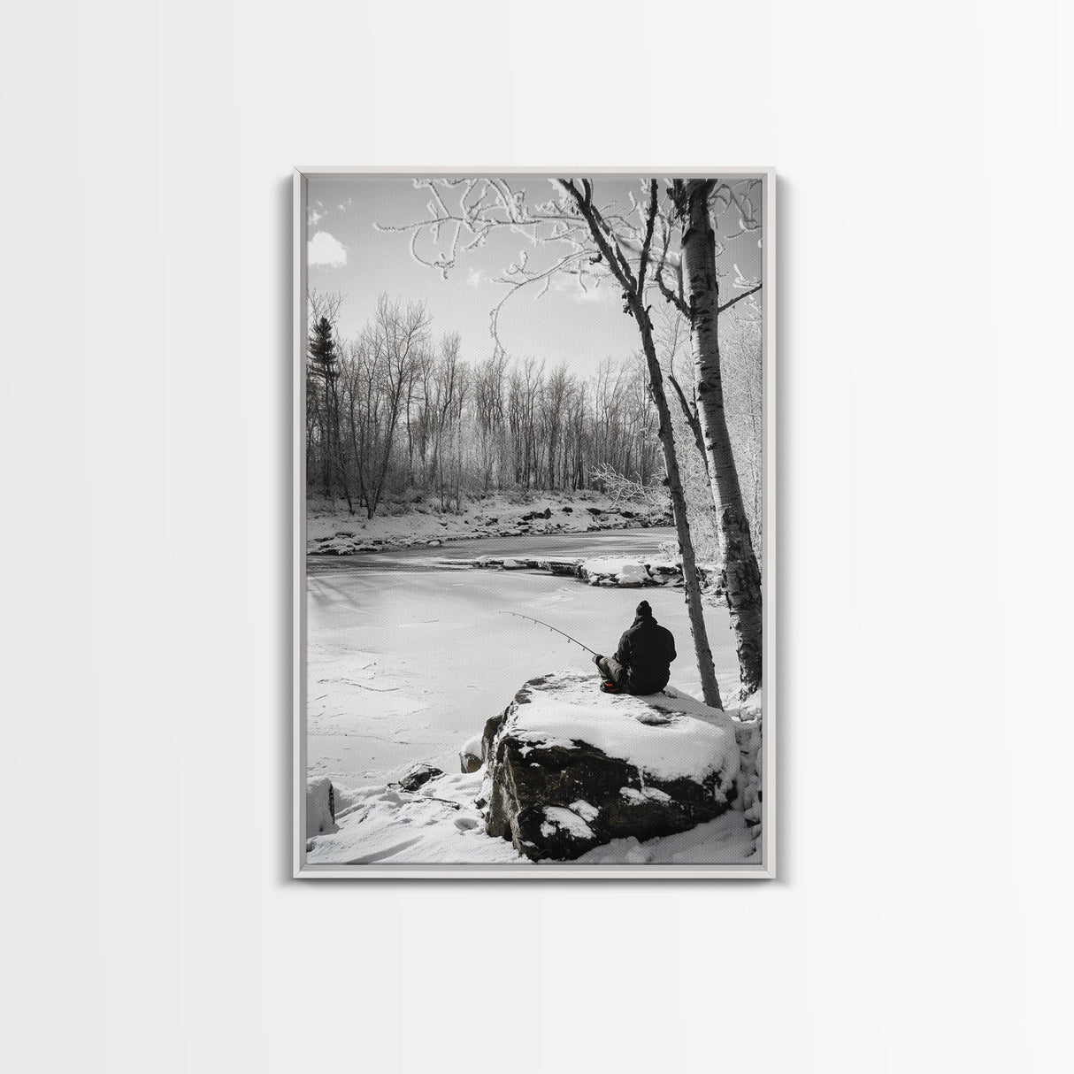 Winter Fishing, Snowy River, Peaceful Solitude, Canvas Print, Cabin Wall Art, Rustic Outdoor Decor, Black White Nature Photography