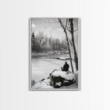 Winter Fishing, Snowy River, Peaceful Solitude, Canvas Print, Cabin Wall Art, Rustic Outdoor Decor, Black White Nature Photography