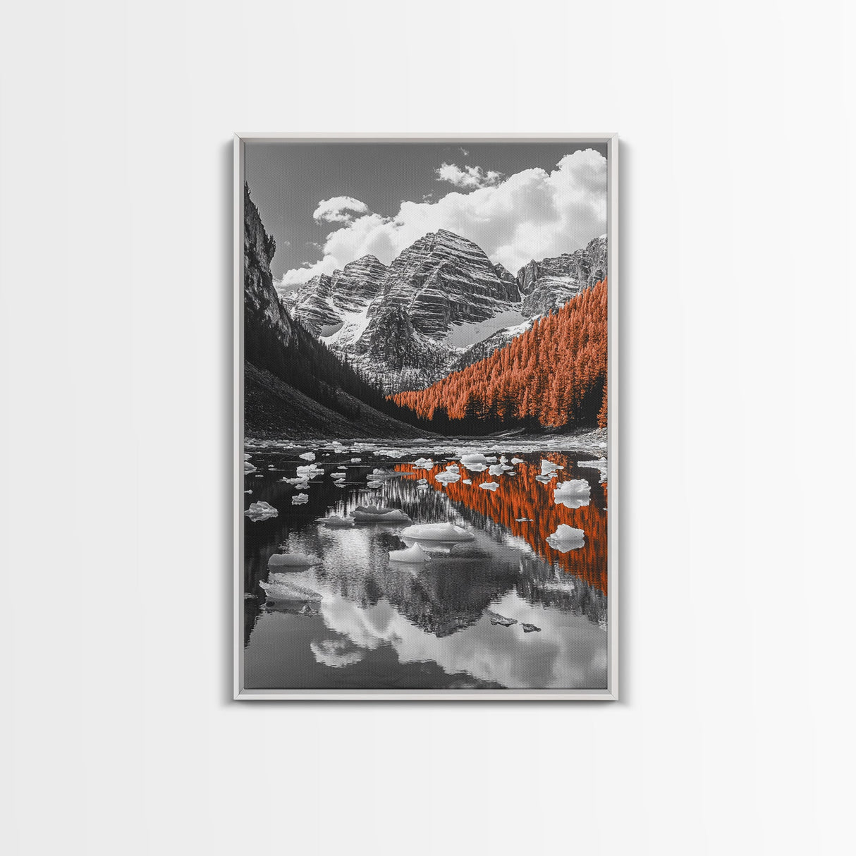 Mountain Reflections, Autumn Pines, Glacial Water Scene, Framed Canvas Print, Fall Landscape Wall Art, Nature Lover Home Decor