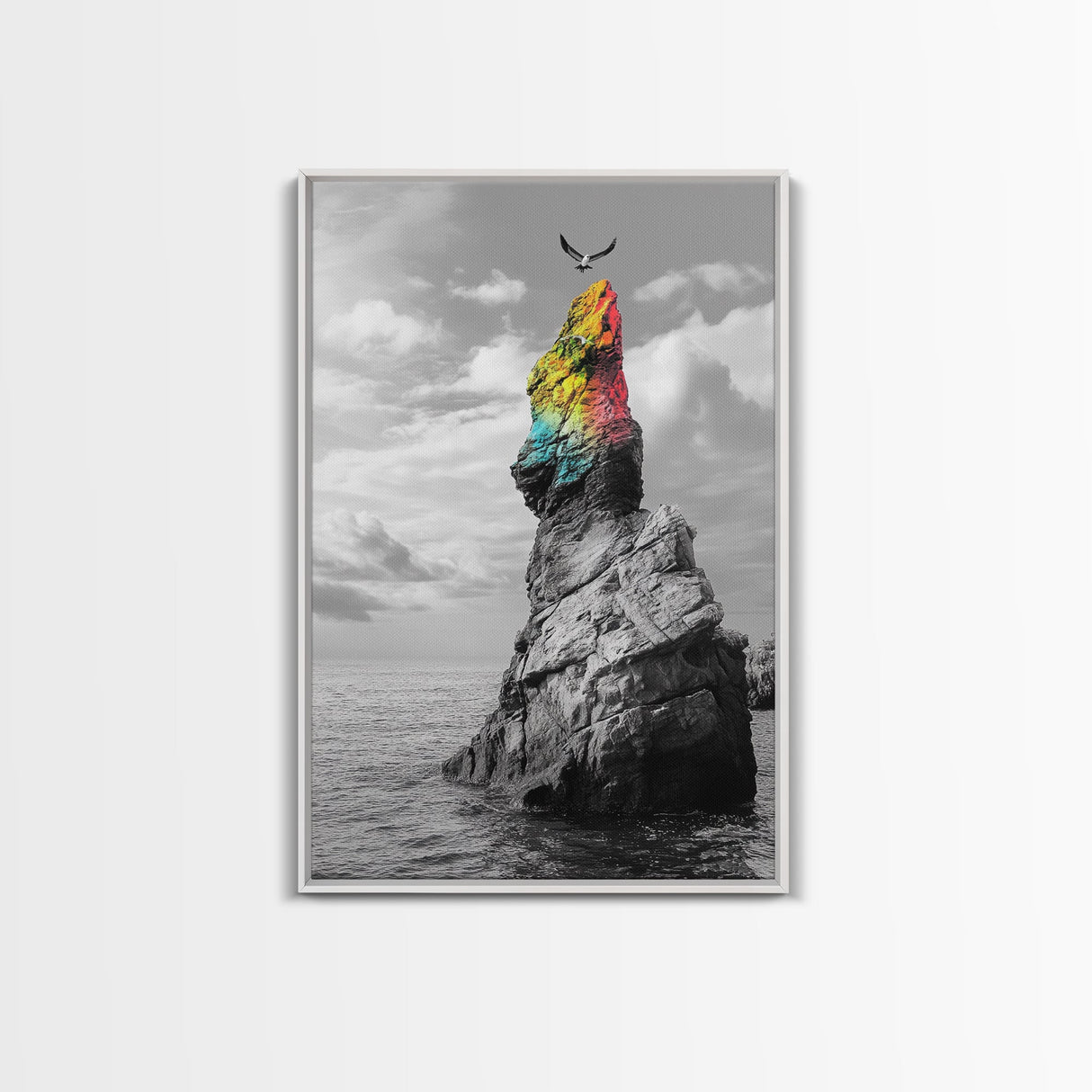 Rainbow Cliff, Soaring Bird, Ocean Rock Scene, Canvas Print, Nature Adventure Wall Art, Vibrant Seascape Decor, Coastal Living Accent