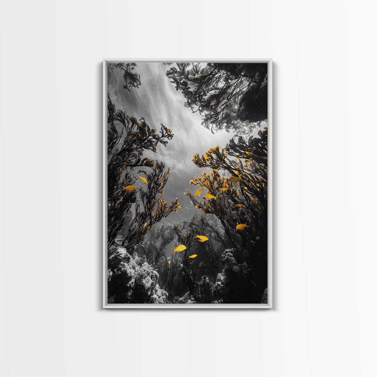 Golden Fish, Kelp Forest, Ethereal Ocean Scene, Framed Canvas Print, Underwater Wall Art, Nature Photography, Bathroom Sea Decor