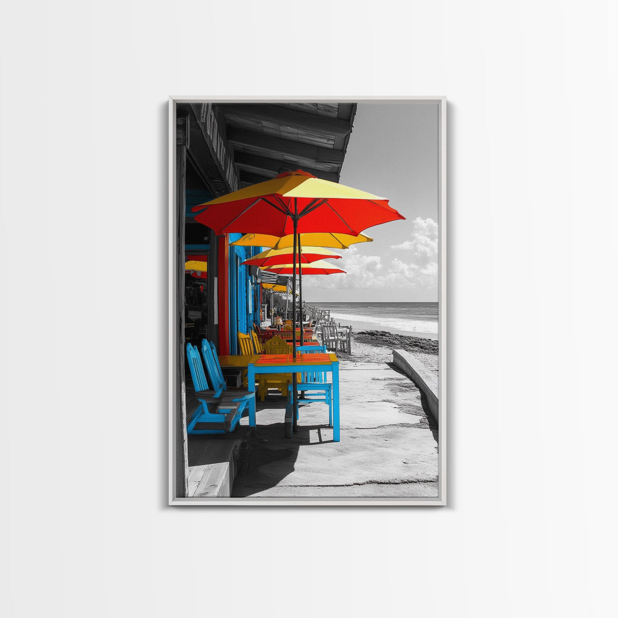 Seaside Café, Colorful Tables, Ocean Dining, Framed Canvas Print, Tropical Wall Art, Kitchen Decor, Bright Coastal Boho Style