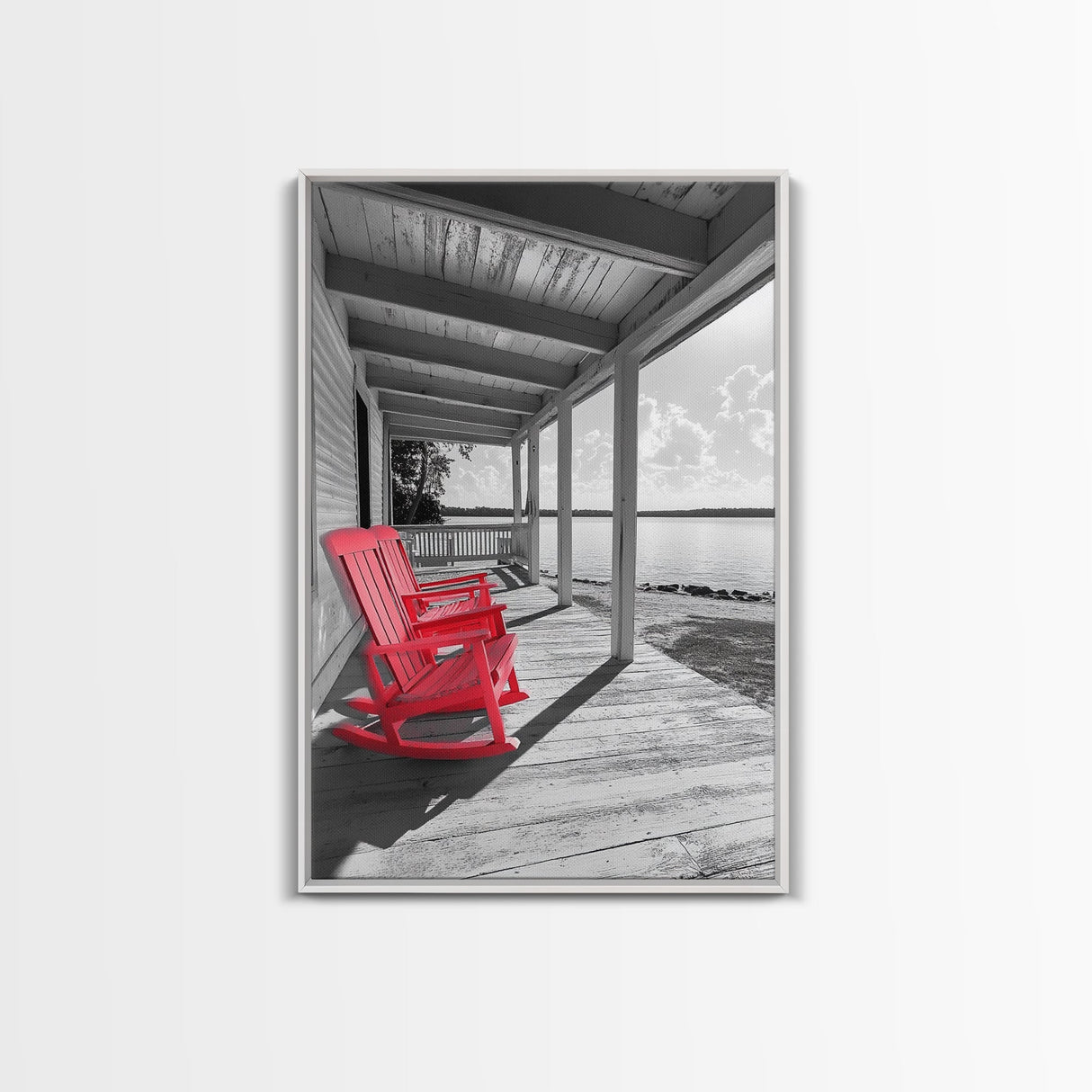 Red Porch Chairs, Lakeside Retreat, Cozy Country Morning, Framed Canvas Print, Farmhouse Decor, Rustic Living Room Wall Art, Peaceful Vibe