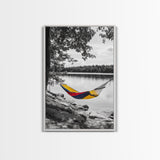 Hammock Lake Scene, Peaceful Nature Art, Fall Outdoors, Relaxed Escape, Framed Canvas Print, boho decor, bedroom art, cozy wall print
